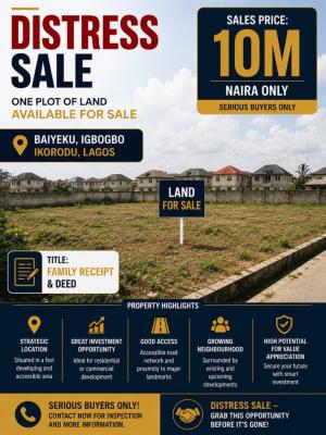 One Plot of Land, Off Baiyeku Road, Igbogbo, Ikorodu, Lagos, Residential Land for Sale