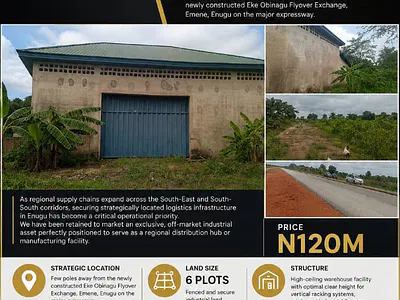Large Warehouse on 6 Plots on Distress Sale in Enugu