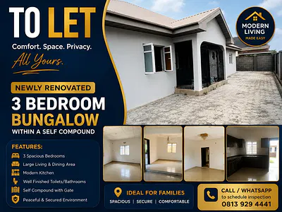 Newly Renovated Self Compound Three (3) Bedroom Bungalow