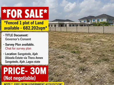 Fenced Distress Sale of One (1) Plot of Dry Land in a Built Up Area — Alasela Estate via Thera Annex, Sangotedo, Ajah, Lagos
