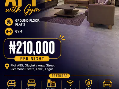 Newly Built 3 Bedroom Apartment with Gym Facilities — 3 Bed Apt Ground Floor / Plot a85, Olayinka Anga STRT, Richmond Estate, Lekki, Lagos