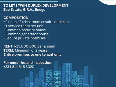 Twin Duplexes & BQ with Full Security Infrastructure — Zoo Estate, Enugu, Enugu