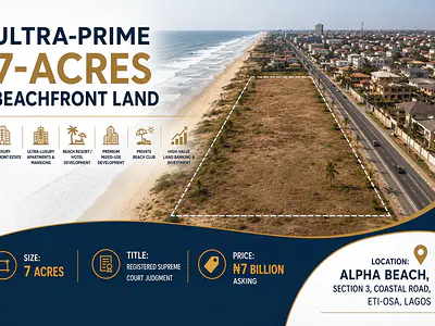 Ultra-Prime 7-Acres Beachfront Land — Alpha Beach, Section 3 Coastal Road, Eti-Osa, Lekki, Lagos
