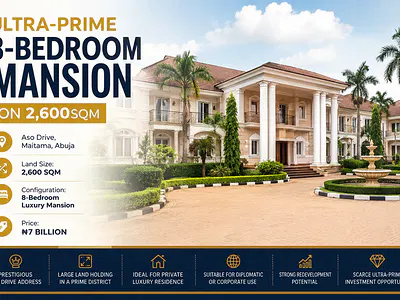𝗨𝗟𝗧𝗥𝗔-𝗣𝗥𝗜𝗠𝗘 8-𝗕𝗘𝗗𝗥𝗢𝗢𝗠 𝗠𝗔𝗡𝗦𝗜𝗢𝗡 on 𝟮𝟲𝟬𝟬𝗦𝗤M — Aso Drive, Maitama District, Abuja