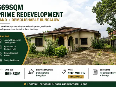 669SQM Prime Redevelopment Land + Demolishable Bungalow — Off Ogunusi Road, Ojodu Berger, Ojodu, Lagos