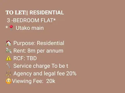 3 Bedroom Apartment Now Available — Utako Main, Utako, Abuja