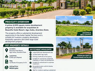 6500SQM Prime Land for Development Property — Beautiful Gate Resort, Agu-Awka, Awka, Anambra