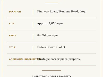 Land with Federal C of O — Kingway/Rumens Road, Old Ikoyi, Ikoyi, Lagos