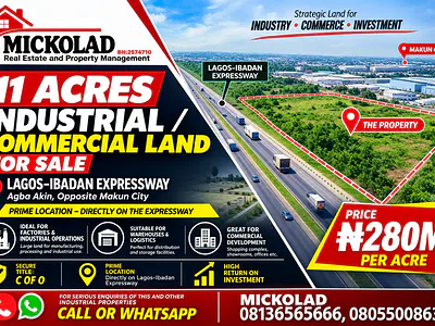 11 Acre Industrial/Commercial Land — Lagos Ibadan Express Way Opposite Makun City, Mowe Town, Ogun