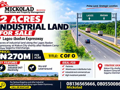 2 Acres Industrial Land with C of O — Lagos-Ibadan Expressway, Mowe Town, Ogun