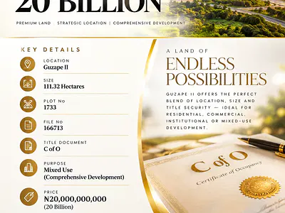 111.32 Hectares of Residential Land — Plot No: 1733, Guzape District, Abuja