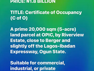 A Prime 20,000 SQM (5-Acre) Land Parcel at Opic, by — Riverview Estate, Opic, Isheri North, Ogun