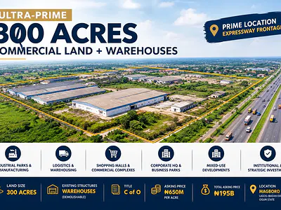 Ultra-Prime 300 Acres Commercial Land + Warehouses (Demolishable) — Along Lagos - Ibadan Expressway, Magboro, Ogun